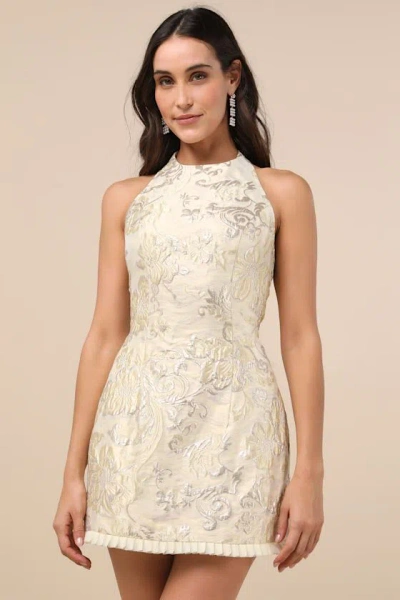 Lulus Zinya Pale Yellow Jacquard Lurex Halter Mini Dress