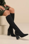 Lulus Zolla Black Ribbed Knit Pointed-toe Knee-high Sock Boots In Black