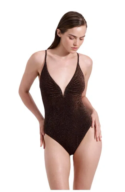 Luma Gottex Luna Textured Shimmer Deep Plunge V-wire One Piece In Brown