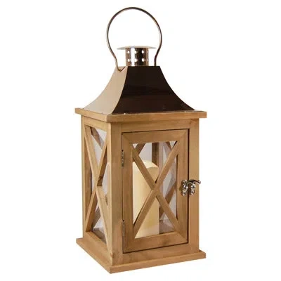 Lumabase Natural With Copper Roof Wooden Lantern With Battery Operated Candle In Brown