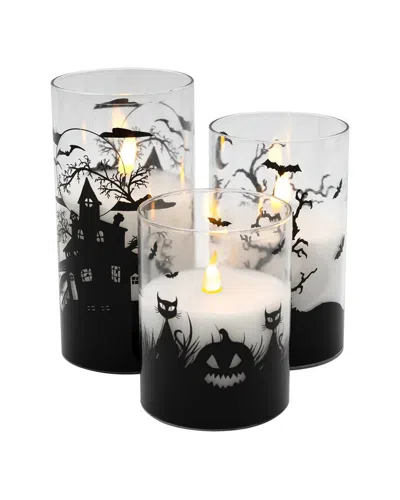 Lumabase Set Of 3 Battery-operated Led Halloween Hurricane Candles In White