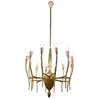Pre-owned Lumi Oscar Torlasco Italian 12-light Brass And Enameled Metal Chandelier By  In Sand