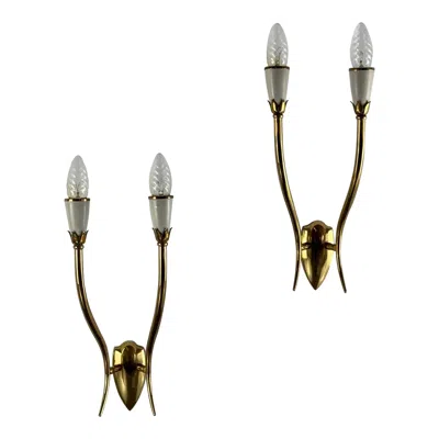 Pre-owned Lumi Pair Of Two-light Wall Sconces By Oscar Torlasco For  Milano, Italy, 1950s In Brown
