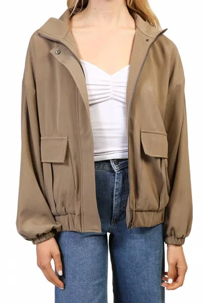 Lumiere High Neck Zip Up Jacket In Olive Green In Brown