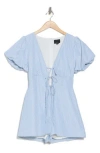 Lumiere Plunge Tie Front Puff Sleeve Romper In Blue/white