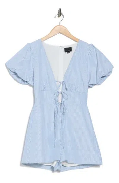 Lumiere Plunge Tie Front Puff Sleeve Romper In Blue/white
