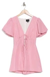Lumiere Plunge Tie Front Puff Sleeve Romper In Red/white