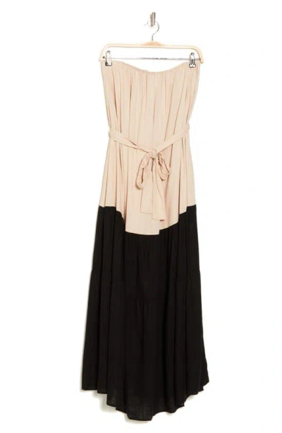 Lumiere Strapless Colorblock Midi Dress In Beige Black