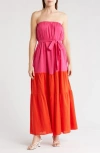Lumiere Strapless Colorblock Midi Dress In Pink Red