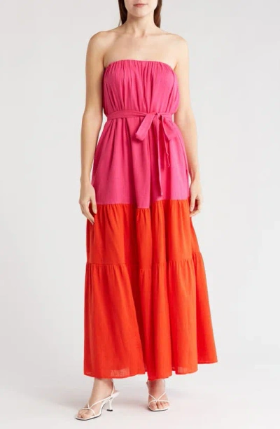 Lumiere Strapless Colorblock Midi Dress In Pink Red