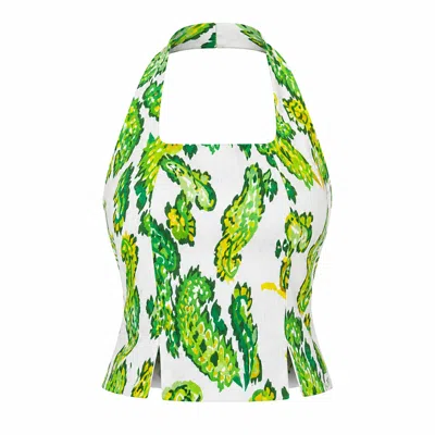 Lumina Eligma Women's The Halterline Linen Blouse - Green Paisley