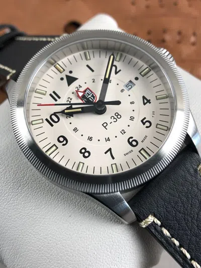 Pre-owned Luminox Xa.9527 P-38 Men's Gmt Beige Dial Sapphire Lightning Pilot Watch