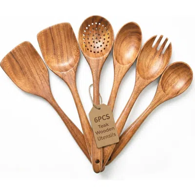 Luminuxe Premium Natural Teak Wood Kitchen Utensil Set In Brown