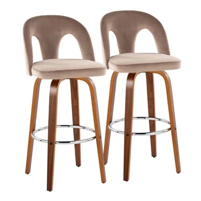 Lumisource Caden Ava Fixed-height Bar & Counter Stools With Bent Wood Legs & Round Footrest (set Of 2) In Walnut,chrome,velvet Taupe