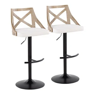 Lumisource Charlotte Farmhouse Adjustable Barstool In Black Metal, Whitewashed Wood, And Cream Fabric With Roun