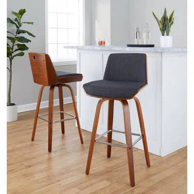 Lumisource Corazza 30" Mid-century Modern Fixed-height Barstool With Swivel In Walnut Wood And Charcoal Fabric  In Walnut,chrome,charcoal