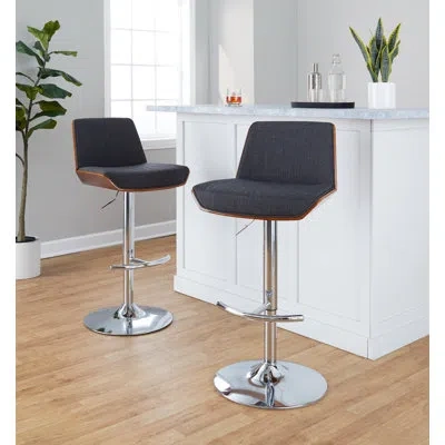 Lumisource Corazza Mid-century Modern Adjustable Barstool With Swivel In Black Metal, Walnut Wood And Charcoal  In Chrome,charcoal