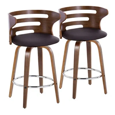 Lumisource Cosini 26" Mid-century Modern Fixed-height Barstool With Swivel In Walnut Wood And Cream Faux Leathe In Brown