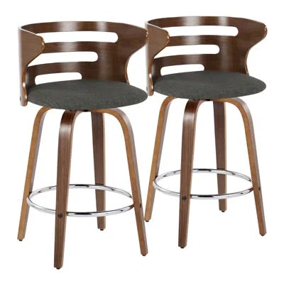 Lumisource Cosini 26" Mid-century Modern Fixed-height Barstool With Swivel In Walnut Wood And Grey Fabric With  In Charcoal