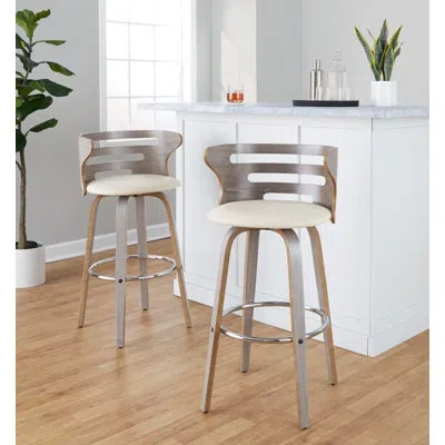 Lumisource Cosini 30" Mid-century Modern Fixed-height Barstool With Swivel In Light Grey Wood And Cream Faux Le