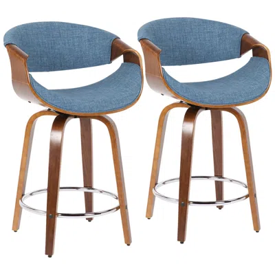 Lumisource Curvini Counter Stool In Walnut Wood And Blue Fabric By  Pair