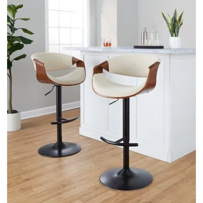 Lumisource Curvo Mid-century Modern Adjustable Barstool With Swivel In Metal, Wood And Fabric With Rounded T Fo In Cream,black