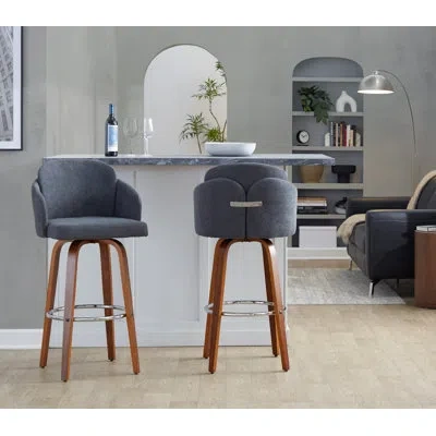 Lumisource Dahlia 30" Contemporary Fixed-height Barstool In Walnut Wood And Fabric With Round Chrome Footrest B In Gray