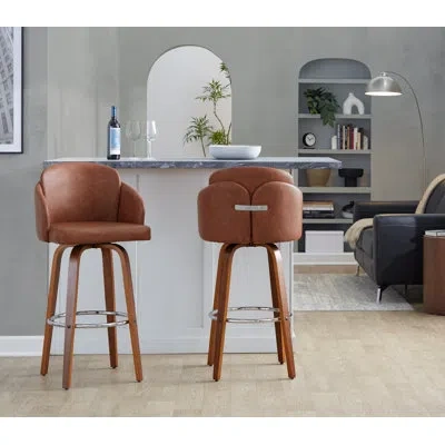 Lumisource Dahlia 30" Contemporary Fixed-height Barstool In Walnut Wood And Faux Leather With Round Chrome Foot In Camel