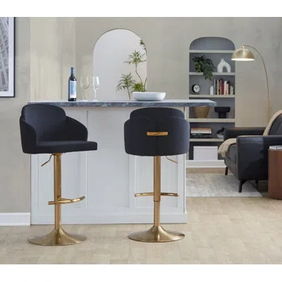 Lumisource Dahlia Contemporary Adjustable Barstool In Metal With Metal Accent And Round Metal Footrest By Lumis In Black Velvet,gold
