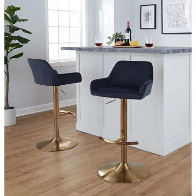 Lumisource Daniella Contemporary Adjustable Barstool With Swivel In Gold Metal And Black Velvet With Rounded T 