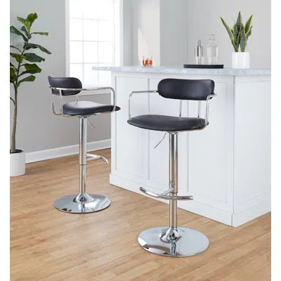 Lumisource Erma Adjustable Height Faux Leather Bar Stool With Rounded T Footrest (set Of 2) In Black,chrome