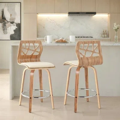 Lumisource Folia Contemporary Fixed-height Stool With Swivel In Zebra Wood And Cream Faux Leather With Round Ch