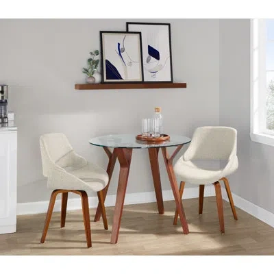 Lumisource Folia Round Fabrico Mid-century Modern Dining Set In Walnut Wood With Round Glass Tabletop, And Crea In Clear