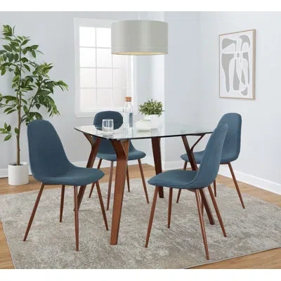Lumisource Folia Square Pebble Mid-century Modern Dining Set In Walnut Wood, Square Clear Tempered Glass, Walnu In Brown;walnut,clear