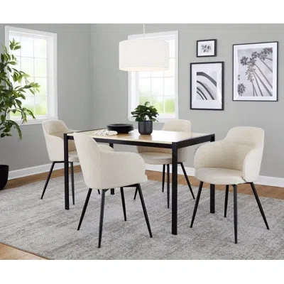 Lumisource Fuji-boyne Contemporary Dining Set In Black Metal, Natural Wood And Cream Noise Fabric - 5 Piece In Brown