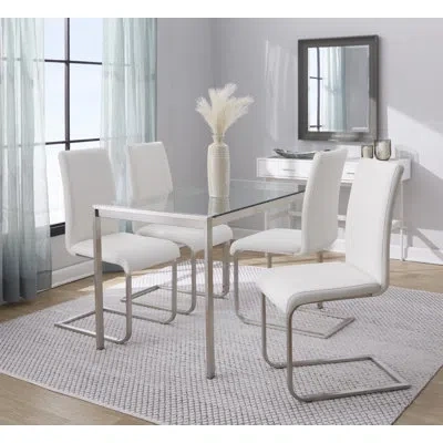 Lumisource Fuji-foster Contemporary Dining Set In Stainless Steel, Clear Glass And White Faux Leather - 5 Piece
