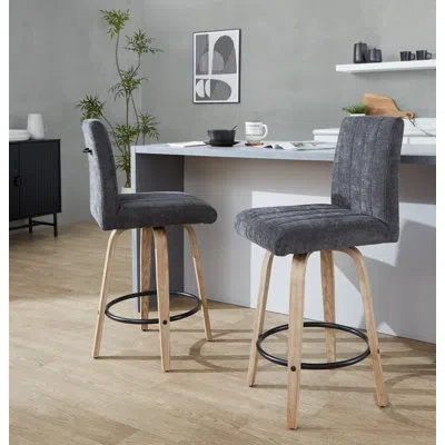 Lumisource Hank 26" Fixed-height Counter Stool With Bent Wood Legs - Set Of 2 In Black Seat,whitewashed Frame
