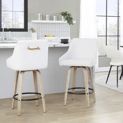 Lumisource Hannah Transitional Fixed-height Stool With Swivel In Wood, Faux Leather, And Metal With Round Metal In Whitewashed