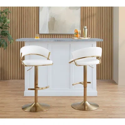 Lumisource Loehr Jie Adjustable Bar Stools With Rounded T Footrest In White Faux Leather,gold