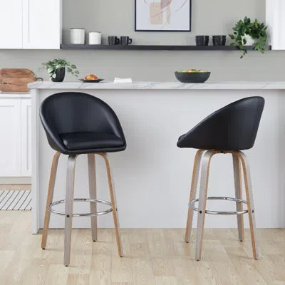 Lumisource Maddison High Back Fixed-height Faux Leather Bar & Counter Stools With Bent Wood Legs & Round Footre In Light Gray,chrome,black