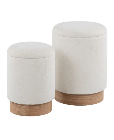 Lumisource Marla Contemporary Nesting Ottoman Set In Natural Wood And Cream Fabric By