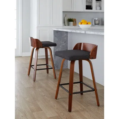 Lumisource Maya 24" Mid-century Modern Fixed-height Counter Stool With Swivel In Walnut Wood And Charcoal Fabri In Gray,walnut,black