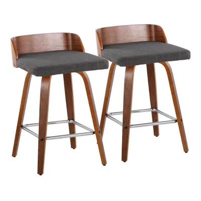 Lumisource Maya 30" Mid-century Modern Fixed-height Barstool With Swivel In Wood And Fabric With Square Chrome  In Silver,gray