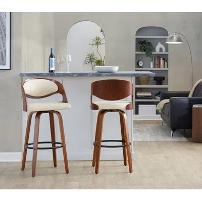 Lumisource Pino Contemporary Fixed-height Stool In Walnut Wood And Cream Faux Leather With Round Black Metal Fo