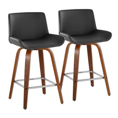 Lumisource Rondell Santi Fixed-height Counter Stools With Square Footrests In Gray Faux Leather,walnut Frame