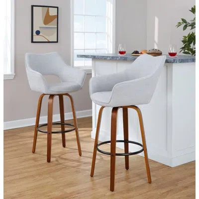 Lumisource Sarah Fixed-height Fabric Bar & Counter Stool With Bent Wood Legs & Round Footrest In Gray Fabric,walnut Frame
