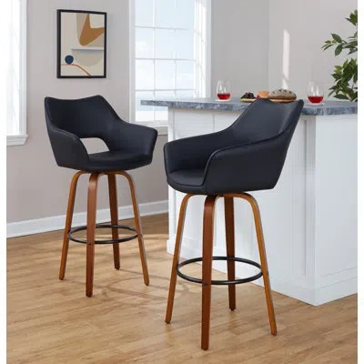 Lumisource Sarah Fixed-height Faux Leather Bar & Counter Stool With Bent Wood Legs & Round Footrest In Walnut