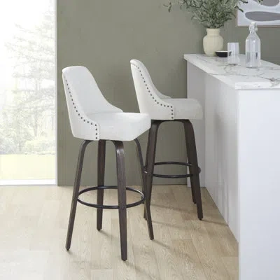 Lumisource Studded Marcel 30" Fixed-height Barstool With Bent Wood Legs & Round Footrest - Set Of  2 In Cream,brass,glazed Walnut,black