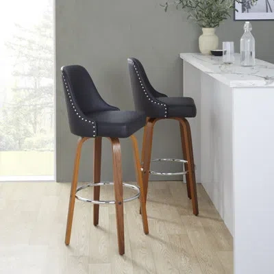Lumisource Studded Marcel 30" Fixed-height Barstool With Bent Wood Legs & Round Footrest - Set Of  2 In Walnut,chrome