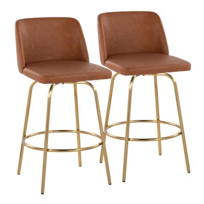 Lumisource Toriano 26" Contemporary Fixed-height Counter Stool With Swivel In Faux Leather And Gold Metal With  In Camel